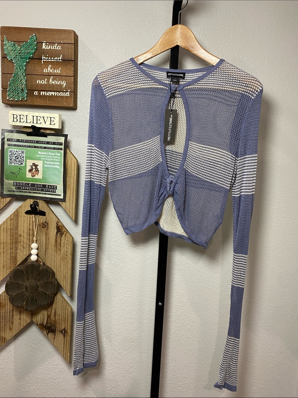 PrettyLittleThing Blue & White Striped Tie-Front Long Sleeve Top pp20 L18